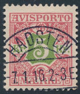 1907. 5 Kr. grønrød. Vm.III. PRAGT-stempel HADSTEN 7.1.16.
