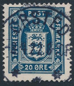 1917. 20 øre, mørkeblå. PRAGT-mærke med retvendt stempel ØRSTED 2.4.22.