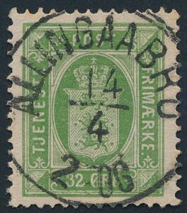 1875. 32 øre, gulgrøn. Med helt retvendt LUXUS-stempel ALLINGAABRO 14.4.2TOG.