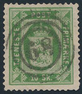 1871. 16 skilling, grøn. Tk.14. PRAGT-mærke, annulleret med retvendt nr.stempel 68 Stege.