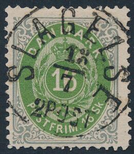 1870. 16 sk. grågrøn. PRAGT-mærke med smukt og skarpt bystempel SLAGELSE 13.7.2POST.