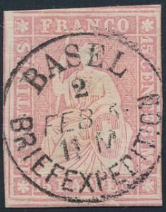 Schweiz. 1854. Siddende Helvetia. 15 Rp. lyslilla. LUXUS-stemplet BASEL BRIEFEXPEDTION.
