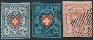 Schweiz. 1850-51. Rayon. 3 stemplede mærker. 15 Rp. er med tyndhed. Alle 3 mærker er signerede.