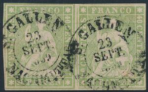 Schweiz. 1854. Siddende Helvetia. 40 Rp. grøn. Smukt stemplet parstykke.