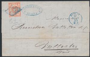 Schweiz. 1853. 15 Rp,  Rayon III, rød. Pænt brev fra GENEVE 17 FEVR 53.