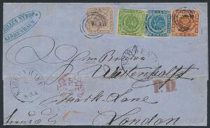 1854-1858. 2 sk. blå og 16 sk. gråviolet samt 4 sk. brun og 8 sk. grøn 1858-udgave. I alt 30 sk. på farveprægtigt brev til London,