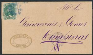 Brazilien. 1872. 100 R. grøn. Single frankering på smukt brev.