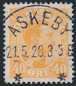 1925. Chr. X, 40 øre orange. Luxus stemplet Askeby 21.5.28.