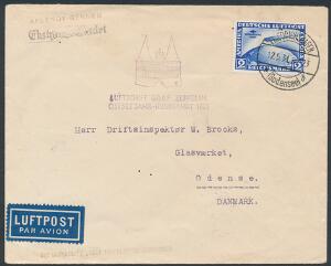 Tysk Rige. 1931. Zeppelin Südamerikafahrt. 2 RM, ultramarin. Zeppelinbrev til Odense, Danmark, annulleret FRIEDRICHSHAFEN 12.5.31.