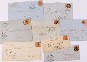 1854. 4 sk. Brun. 8 breve med fuldrandede mærker