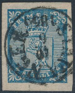 1855. 4 skilling, blå. Pænt mærke med BYSTEMPEL STAVANGER 10.6.1855