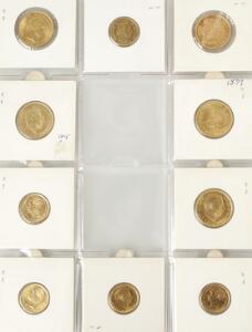 Samling af guldmønter fra Christian IX, Frederik VIII og Christian X, i alt 5 stk. 20 kr og 5 stk. 10 kr
