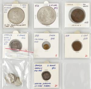 Lille lot mønter fra forskellige lande, inkl. USA, Dollar 1883O, California Gold Token 1849 Preussen 3 Mark 1913 10