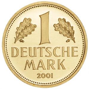 Tyskland, Bundesrepublik, Mark 2001D, udført i guld til minde om overgangen til Euro-møntfoden, KM 203