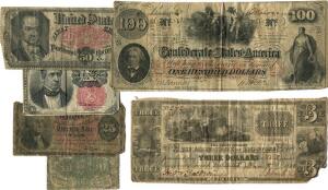 U. S. A. 100 dollar 1862, Richmond, Pick 45, Michigan, The Farmers Bank of Sandstone, three dollars 1838 samt 4 stk. diverse småsedler. Ialt 6 stk.