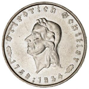 Tyskland, 3. rige, 5 Reichsmark 1934, Schiller, KM 85