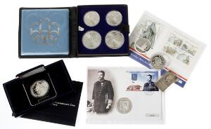 Lille lot sølvmønter, overvejende fra Island, bl.a. 1.000 kr 2000, Leif Eriksson 2 fsk. samt Canada, 5, 10 dollars 1976 OL, i alt 9 stk.