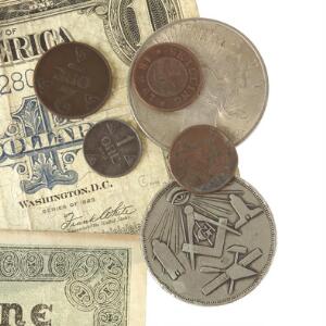 Samling med mange 1800tals kobbermønter hele verden, af øvrige f. eks. USA, dollar 1922, Norge, 1 øre 1918, en del Sverige Ag, sedler inkl. USA, dollar 1923