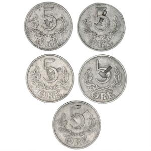 Samling af 5 øre 1941 aluminium - 5 stk. med hammer indslået