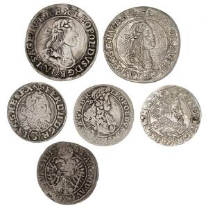 Østrig-Ungarn, 6 forskellige sølvmønter fra kongerne Ferdinand II, 1619 - 1637, Leopold I, 1657 - 1705 og Joseph I, 1705 - 1711