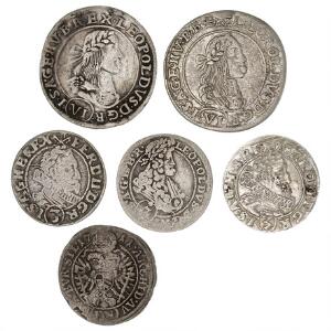 Østrig-Ungarn, 6 forskellige sølvmønter fra kongerne Ferdinand II, 1619 - 1637, Leopold I, 1657 - 1705 og Joseph I, 1705 - 1711