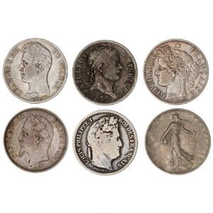 Frankrig, lille samling af diverse ældre 2 Francs mønter, i alt 6 stk., alle med små sedler med KM numre