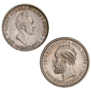 Norge, Oscar II, krone 1892, NM 41, kv. 01-1 Oscar I, 24 skilling 1852, NM 20, kv. 1, ridse. 2