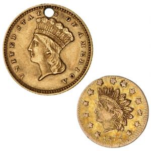 U. S. A. 1 dollar 1874, guld, perf., KM 86 samt 12 dollar California gold 1874, KM 12.2, ialt 2 stk.