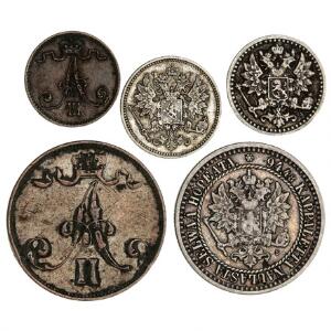 Finland, 1 penni 1881, 5 penni 1873, 25 penni 1869, 25 penni 1873, 1 markka 1865. Ialt 5 stk.