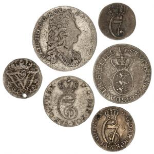 Norge, Frederik IV, 2 skilling 1713, NM 55, perf., 16 skilling 1716, NM 10, 1, Christian VII, 4 stk. diverse småmønter i sølv, VK, ialt 6 stk.