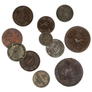 Norge,Carl XIII - Carl XV, lille samling småmønter i sølv og kobber, blandt andet 12 skilling 1841, NM 70A, 12 skilling 1852, NM 29 og 1 skilling 1870, NM 22.