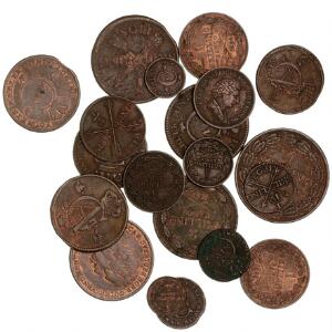 Sverige, diverse kobber mønter, 19. årh. bl.a. 4 skilling banco 1844 og 1849. Ialt 20 stk.