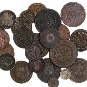 Brasilien, Chile, Mexico og Spanien. Diverse mønter i sølv og kobber. 18.-19. årh. Ialt 23 stk.
