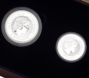 Australien, 1 og 2 Dollars 2004 Kookaburra - i alt Ag, 3 oz 9991000 i original æske fra Mønthuset Danmark