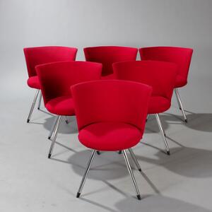 Johannes Foersom, Peter Hiort-Lorenzen Donna. Et sæt på seks stole med stel af stål. Sæde og ryg betrukket med rød uld. 6