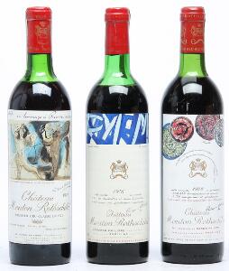 1 bt. Château Mouton Rothschild, Pauillac. 1. Cru Classé 1973 BC us.  etc. Total 3 bts.