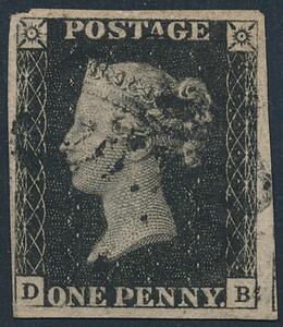 England. 1840. One penny, black. Plade 10. D-B. Pænt eksemplar. SG £ 700