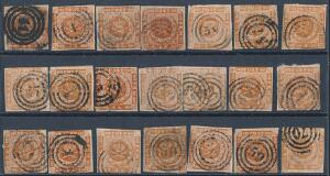 1854. 4 sk. Brun. Planche med 21 mærker i blandet kvalitet