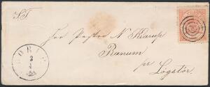 1864. 4 sk. rød. PRAGT-brev, hvor mærke er annulleret meed helt perfekt placeret STUMT STEMPEL, sendt fra BORUP 3.4, til Ranum. På bagsiden svagt rødt stempel L