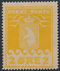 1915. 2 øre, gul. Gråt papir. Pænt ubrugt eksemplar. AFA 1800