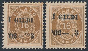 1902. Í GILDI. 16 Aur, brun. Tk.12. To markante varianter.