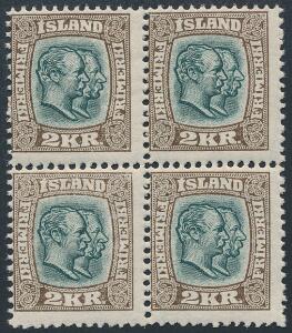 1907. Dobbelthoveder. 2 Kr. grøngråmørkbrun. Postfrisk 4-BLOK. Facit 3000