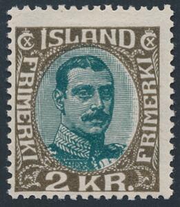 1920. Chr.X. 2 kr. grågrønmørkbrun. Postfrisk. Facit 7500