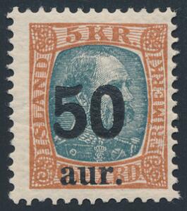 1925. 50 Aur på 5 Kr. blågråbrun. Postfrisk. Facit 1500