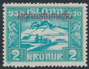 1930. Altinget. 2 kr. blågrøn. Postfrisk. Facit 3800