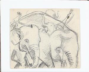 Henry Heerup Elefanter samt Abe med sin unge. Hhv. usign. of sign. Heerup. Blyant på papir. Bladstørrelser 23 x 27 og 17 x 19. 2