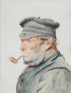 Michael Ancher En fisker med kasket og pibe. Sign. M. A. Vandfarve på papir. 35 x 26.