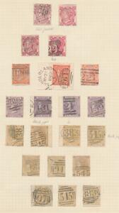 England. 1862-1867. Victoria. 3 d. - 1 sh. 3 gamle albumsider med bl.a. flere gode stempler, papirtyper m.m.
