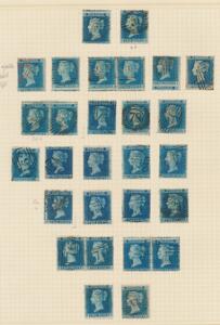 England. 1854-1858. 2 d. blue. Tk.16 og tk.14. Gammel albumside med flere tidlige plader, omvendt vandmærke, feljperforede mærker, par, stempler m.m.
