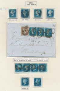 England. 1841. Two Pence, blue. 2 albumsider fra gammel samling med 2 breve og flere enheder.